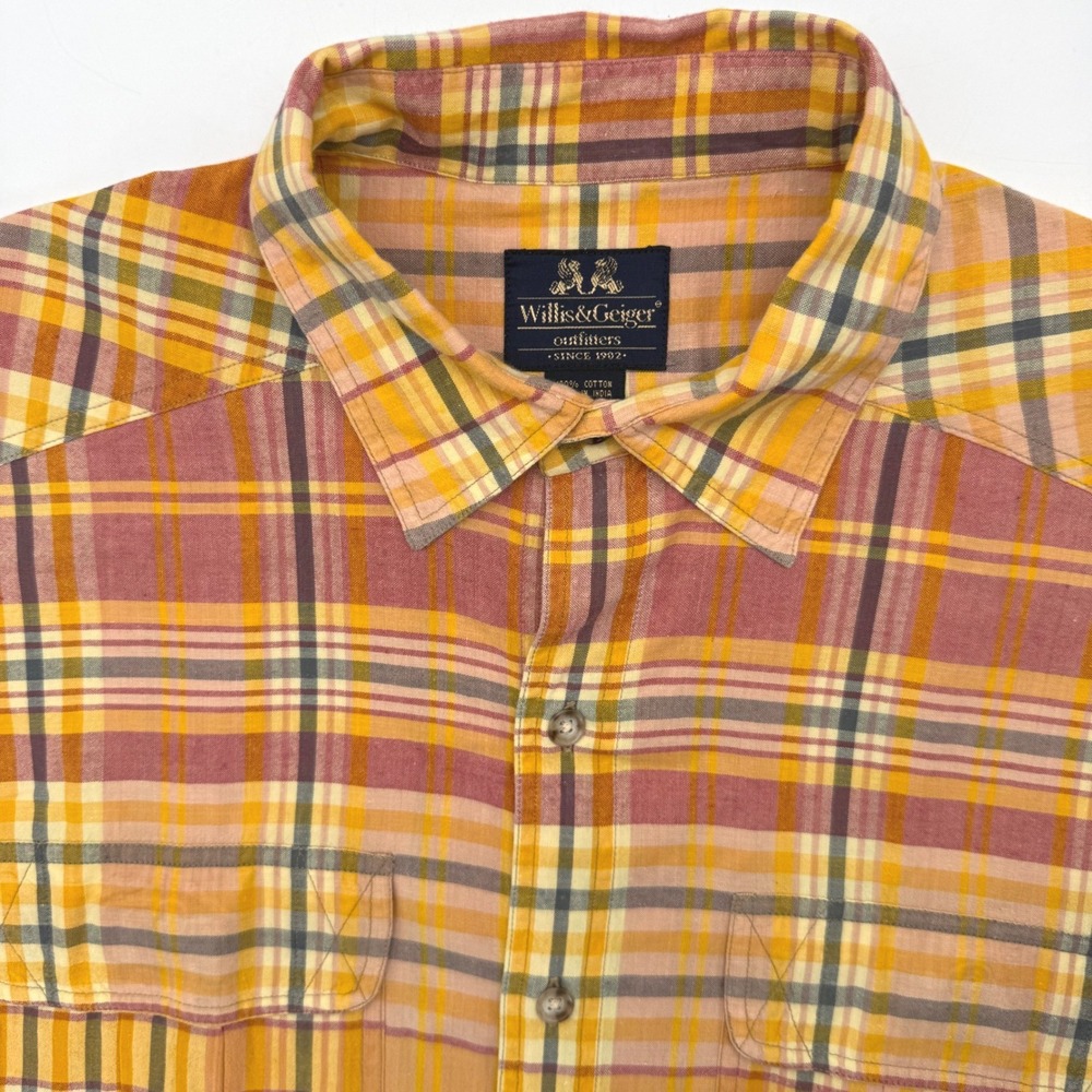 Willis & Geiger Mens L Yellow Plaid Short Sleeve Button Up Utility Shirt *Read*